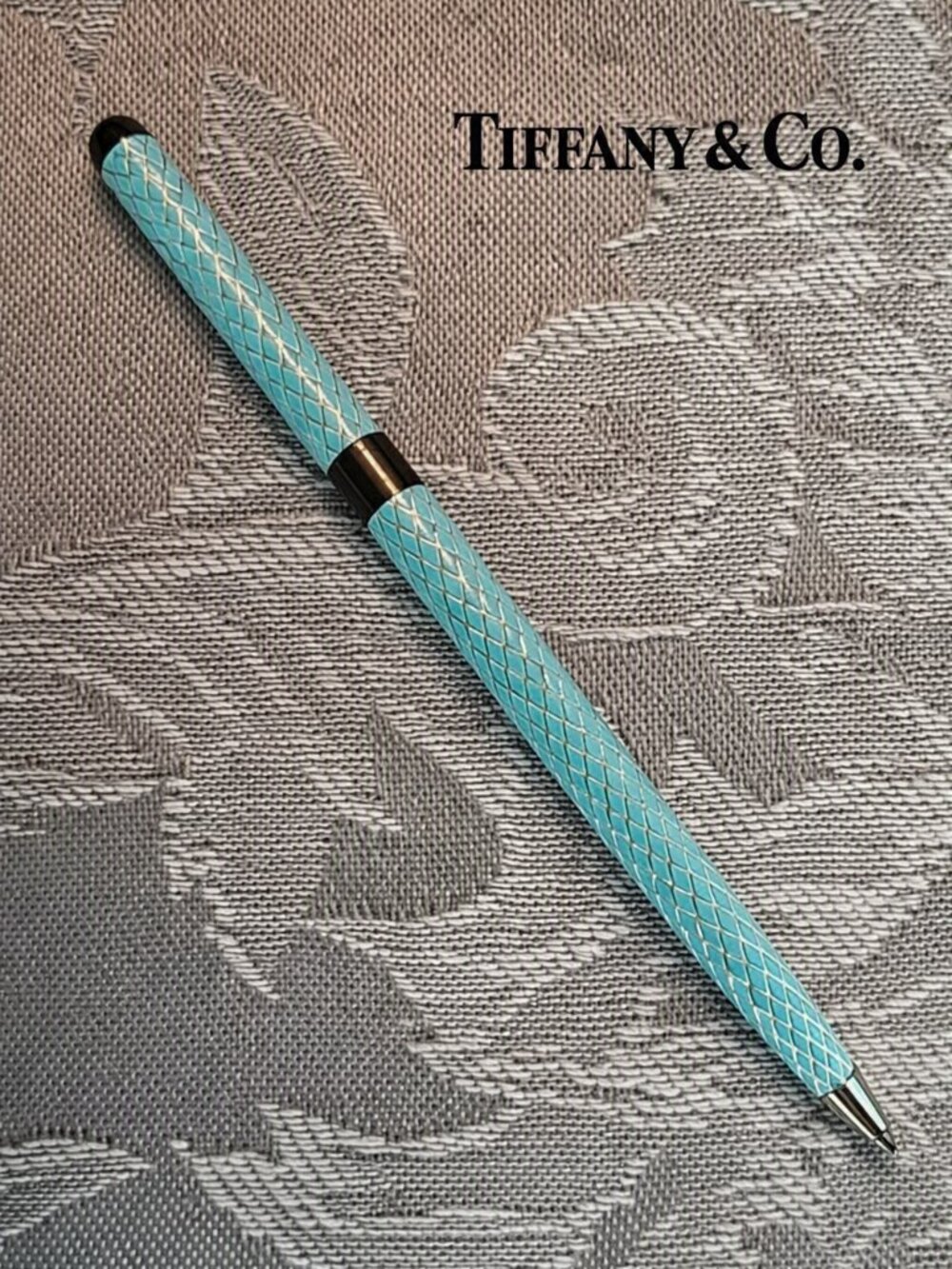 Tiffany & Co. 925 Sterling Silver Blue Enamel Diamond Lattice Purse Pen Vintage